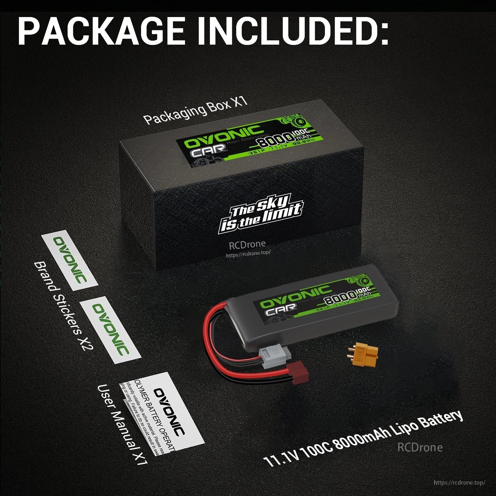 Package contents: Ovonic 3S 8000mAh battery, retail box, user manual, and two brand stickers