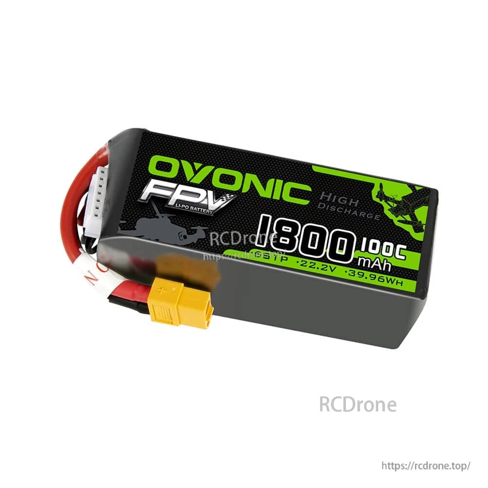 Ovonic FPV 6S 1800mAh 22.2V 100C LiPo battery close-up with XT60 plug and JST-XHR balance connector
