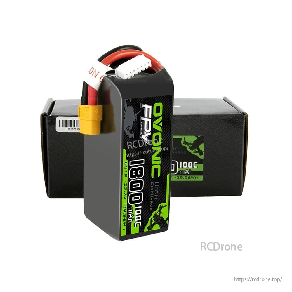 Ovonic FPV 6S 1800mAh 100C LiPo standing upright in front of the product box