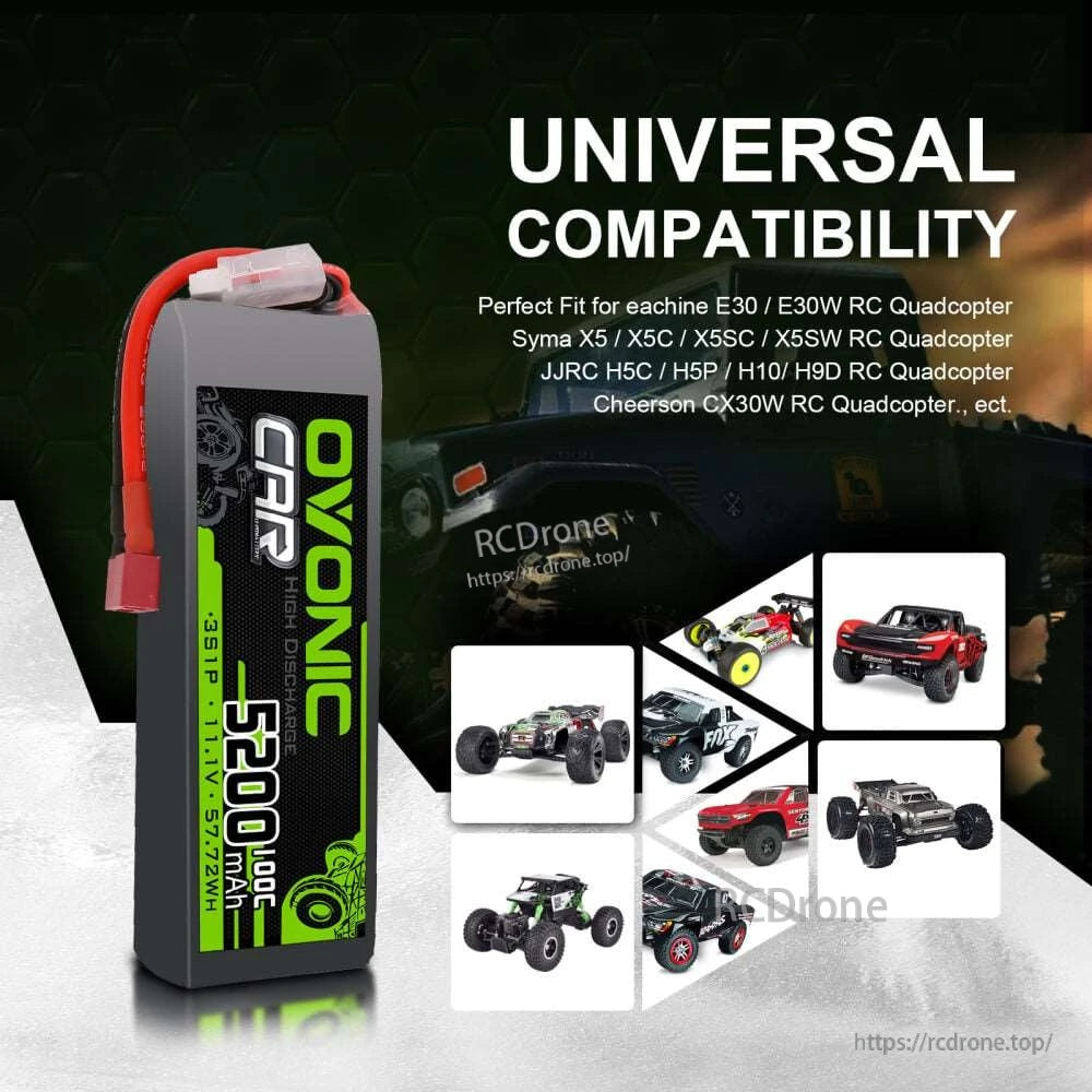 Universal compatibility graphic listing supported RC models plus 3S 11.1V Ovonic battery with Deans plug