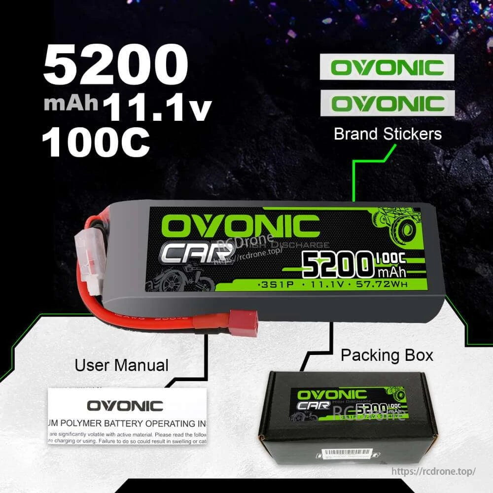 Ovonic 5200mAh 11.1V 100C LiPo battery kit contents: battery, user manual, brand stickers, and packing box