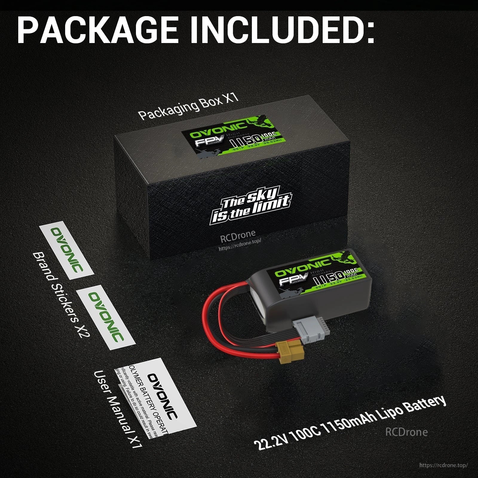 Ovonic 100C 6S 1150mAh 22.2V LiPo Battery for FPV - XT60 Plug