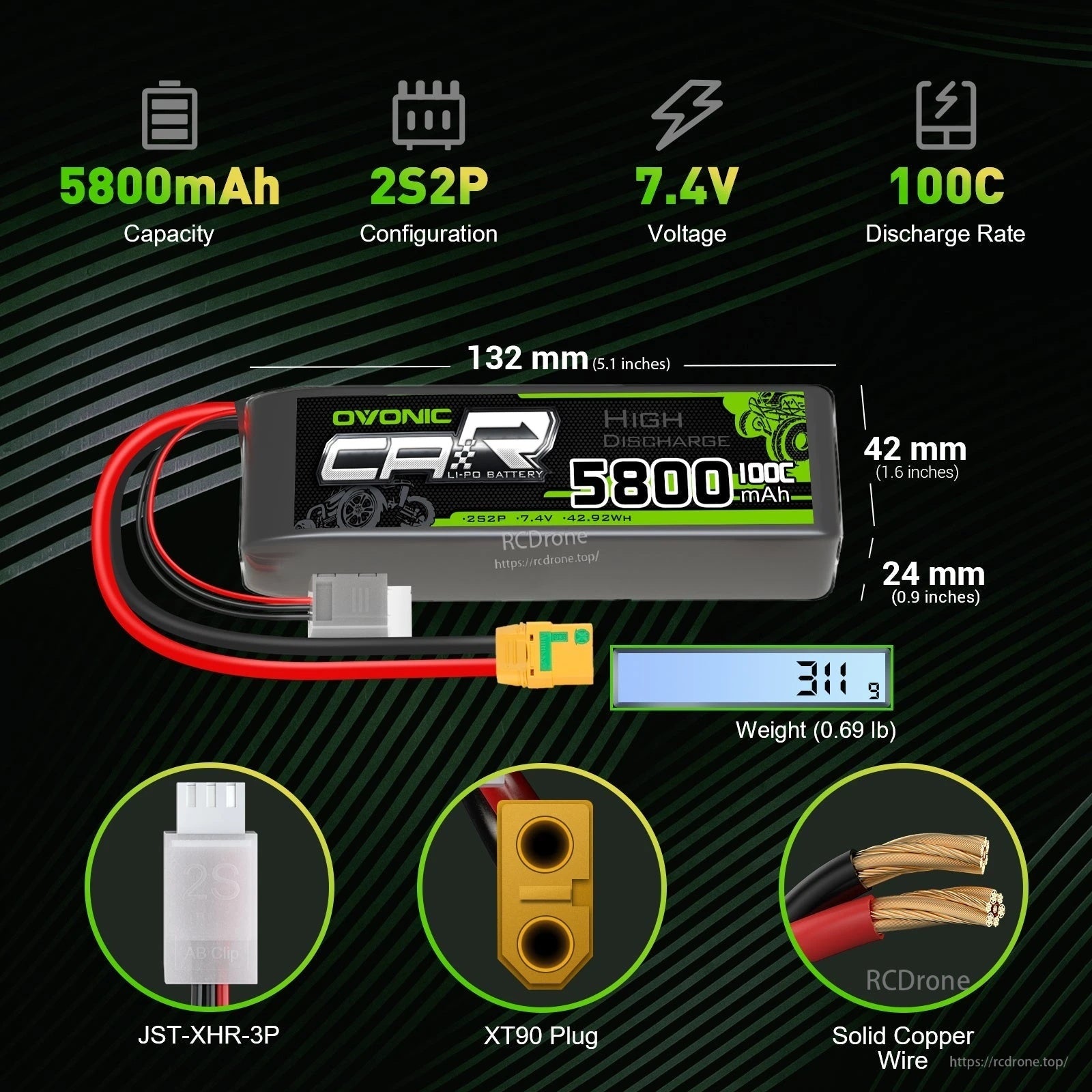 Ovonic 5800mAh 2S2P 7.4V 100C hard case LiPo battery with XT90 anti-spark, size and connector callouts