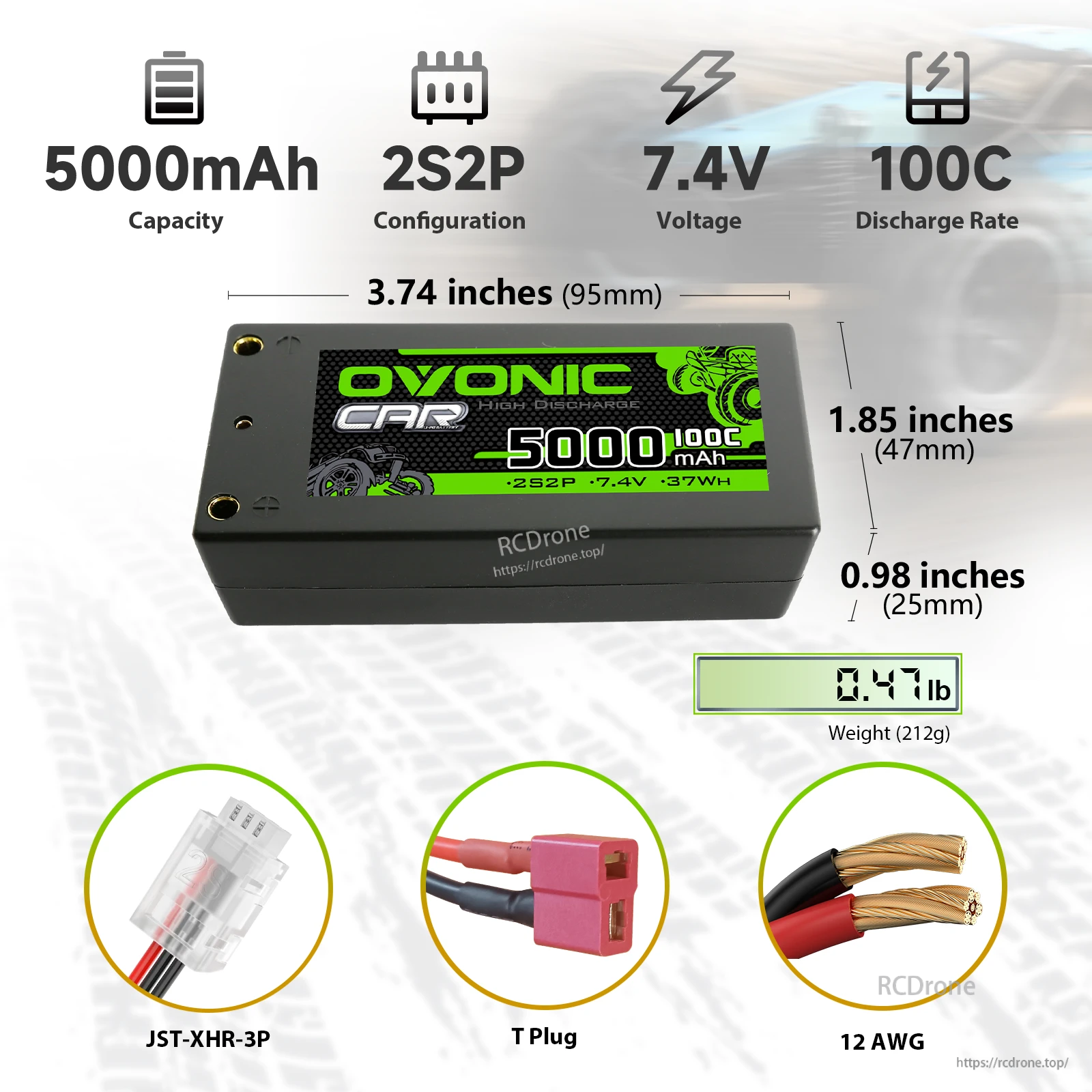 Battery size and specs graphic: 3.74 x 1.85 x 0.98 in, 5000mAh 2S2P 7.4V 100C, 12AWG, JST-XHR-3P