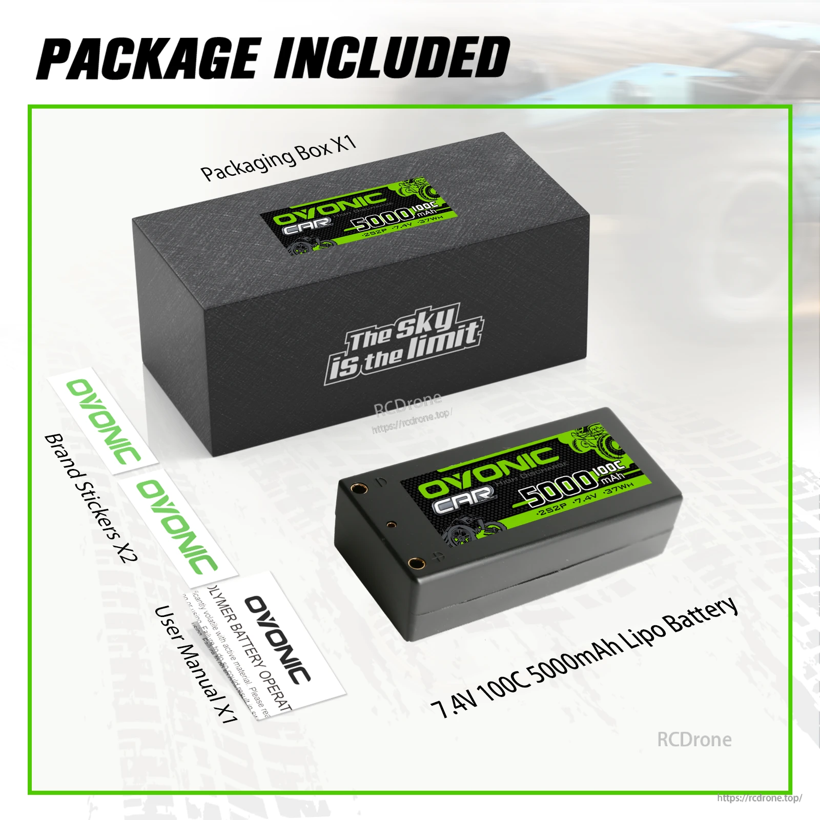 Package contents: Ovonic 7.4V 5000mAh 100C shorty hardcase LiPo battery with box, manual, and brand stickers