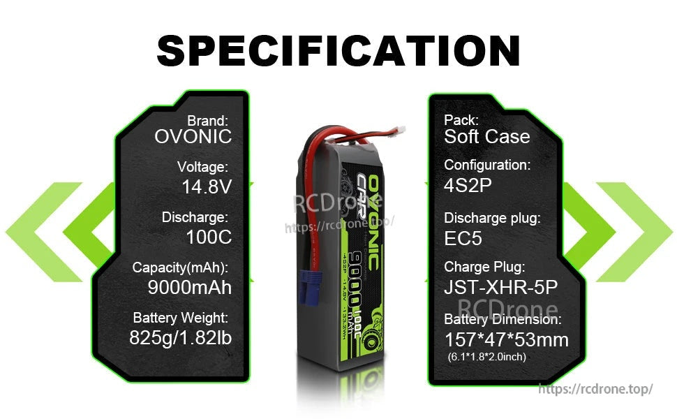 Ovonic 9000mAh 4S 14.8V 100C LiPo battery specs with EC5 plug and JST-XHR-5P balance lead