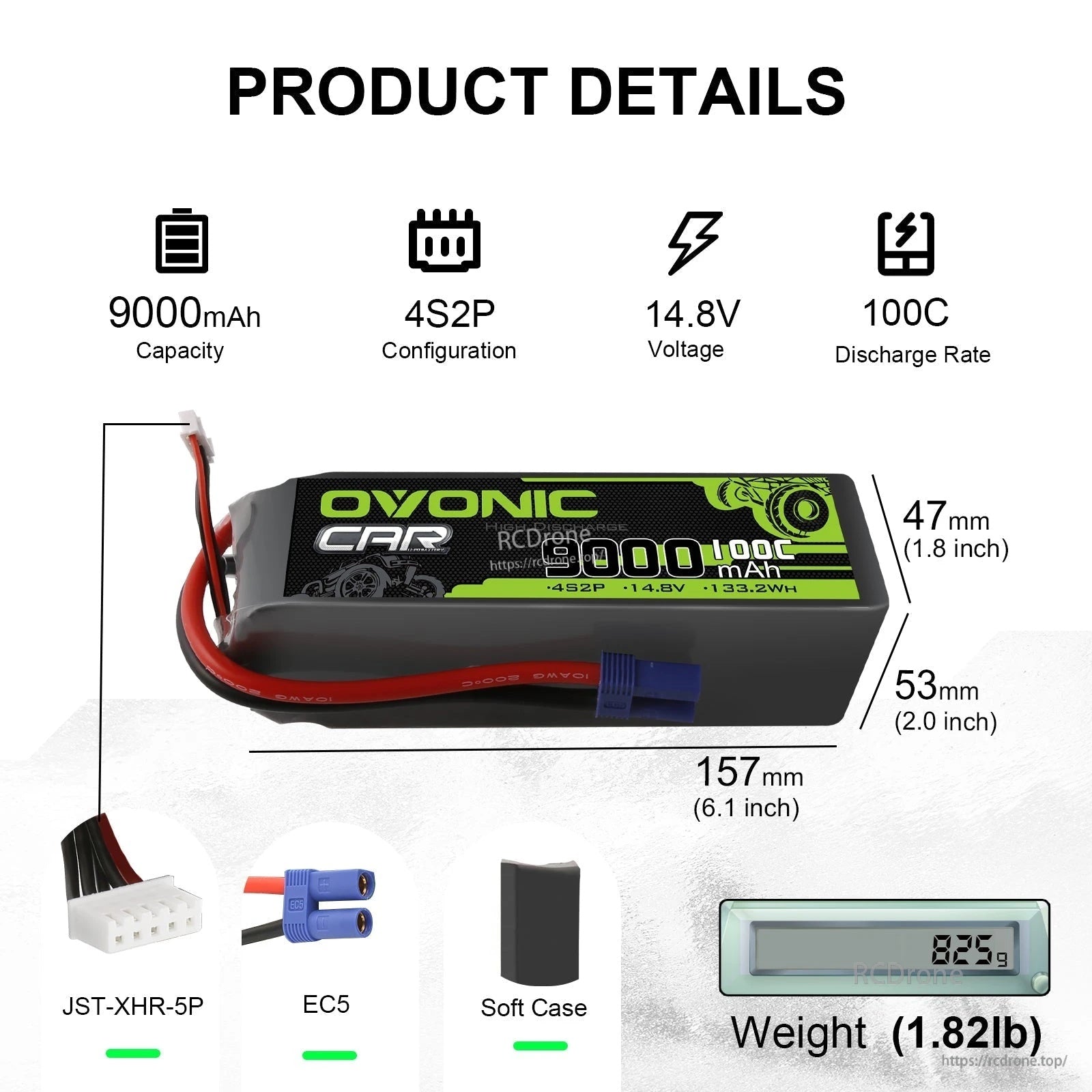 Battery dimensions and connectors: 157×47×53mm soft case, EC5 discharge and JST-XHR-5P balance plug, 1.82lb