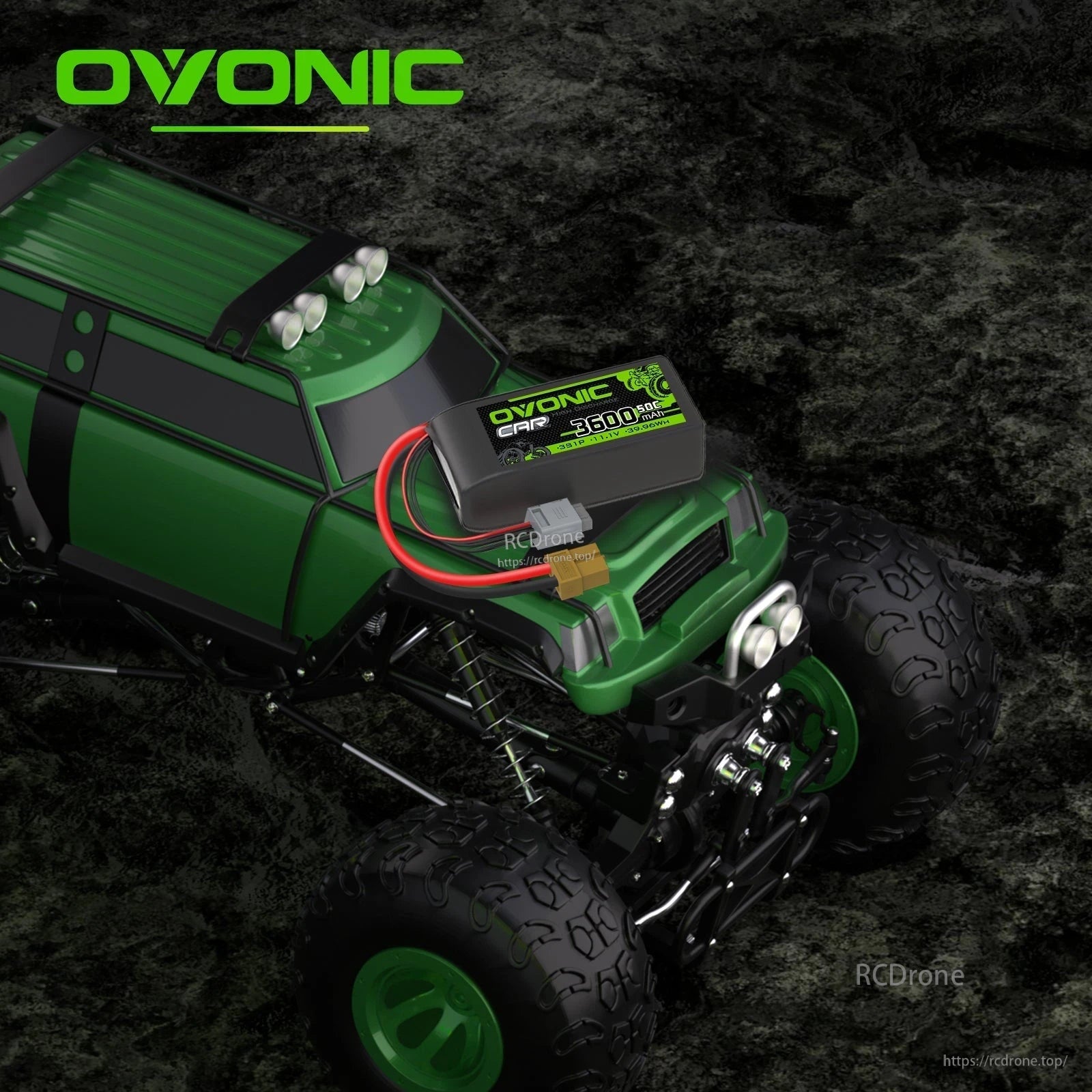 RC car use case showing Ovonic 3600mAh 3S LiPo battery mounted on green off-road truck