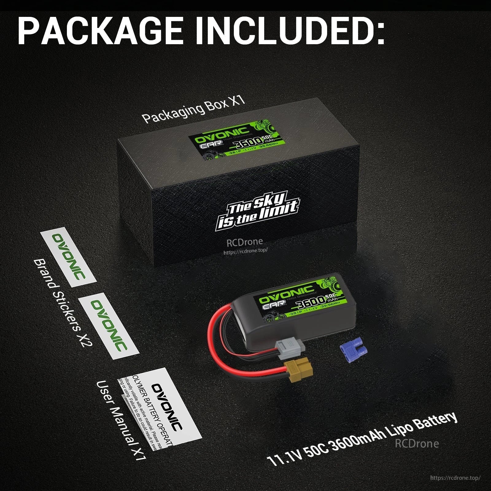 Package contents: Ovonic 11.1V 50C 3600mAh LiPo battery, packaging box, two brand stickers, and user manual