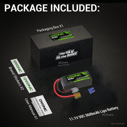 Package contents: Ovonic 11.1V 50C 3600mAh LiPo battery, packaging box, two brand stickers, and user manual