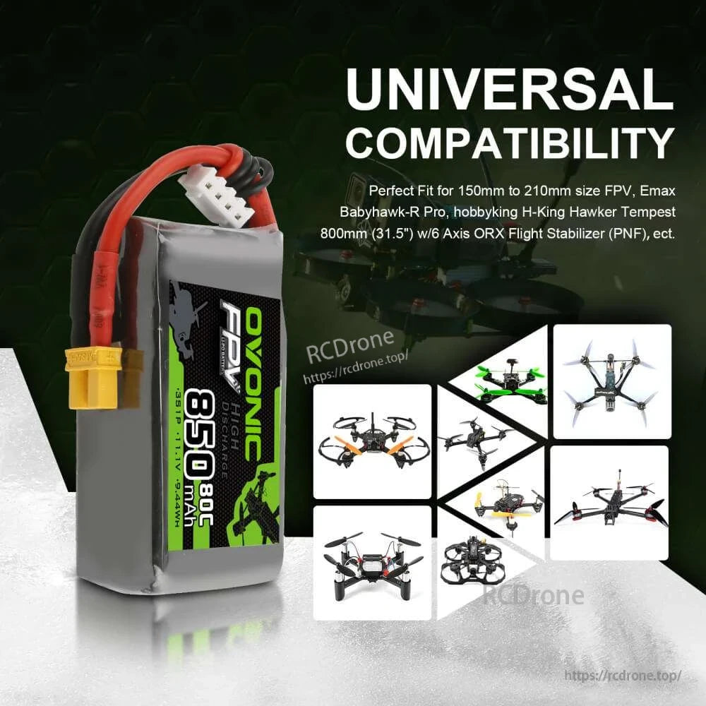 850mAh 3S LiPo battery shown upright with XT30 and JST-XHR lead, plus FPV drone compatibility icons