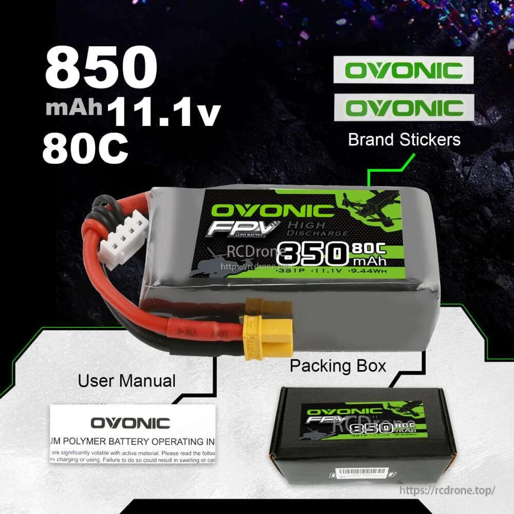 Ovonic 11.1V 850mAh 3S 80C LiPo battery kit with packing box, manual and brand stickers