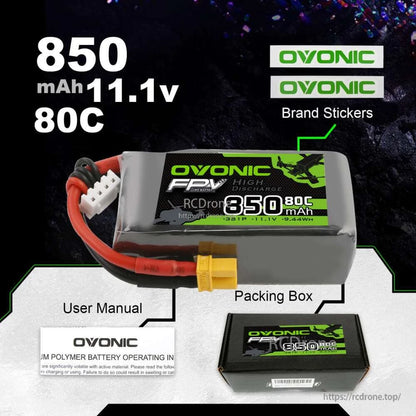 Ovonic 11.1V 850mAh 3S 80C LiPo battery kit with packing box, manual and brand stickers