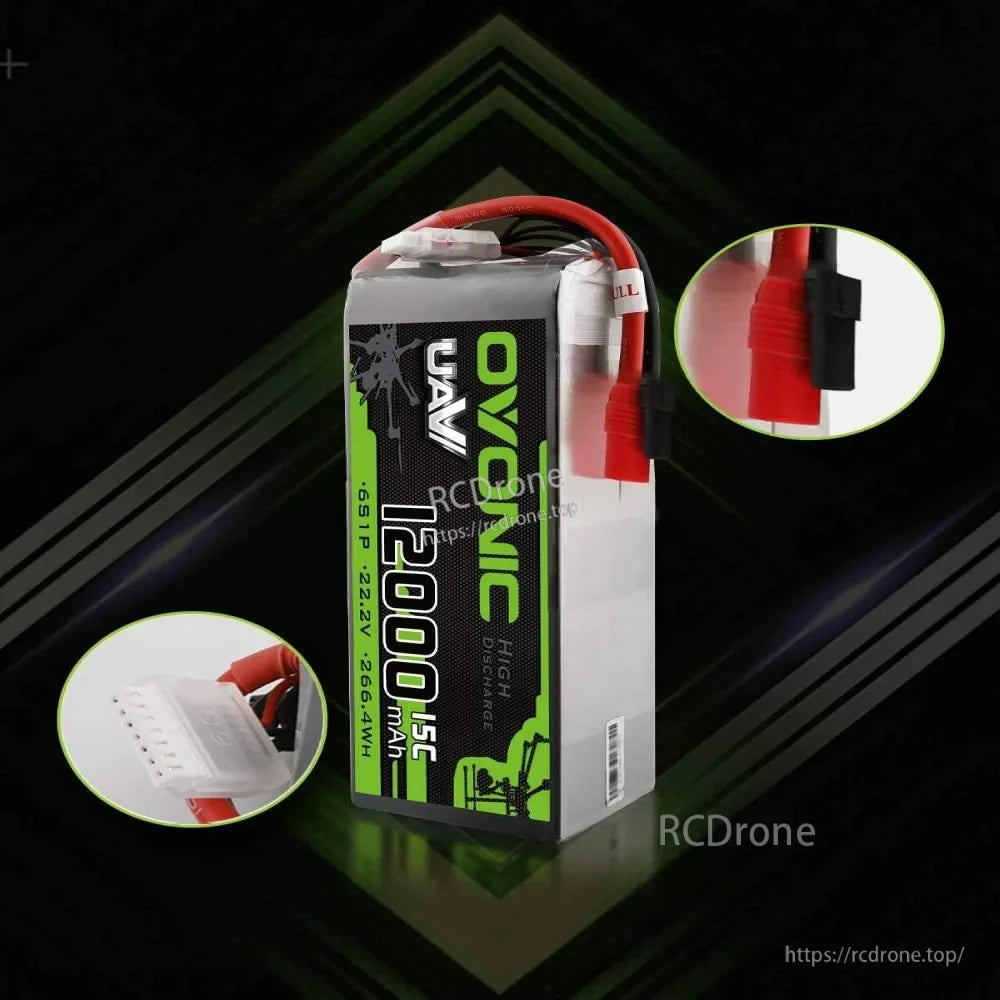 Ovonic UAV 12000mAh 6S 22.2V 15C LiPo battery upright with AS150 lead and JST-XH balance plug