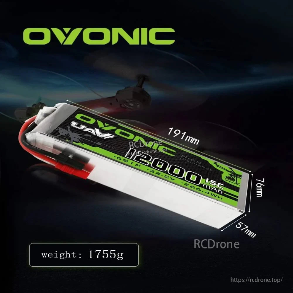 Ovonic 12000mAh 6S LiPo battery dimensions graphic showing 191×76×57mm and weight 1755g