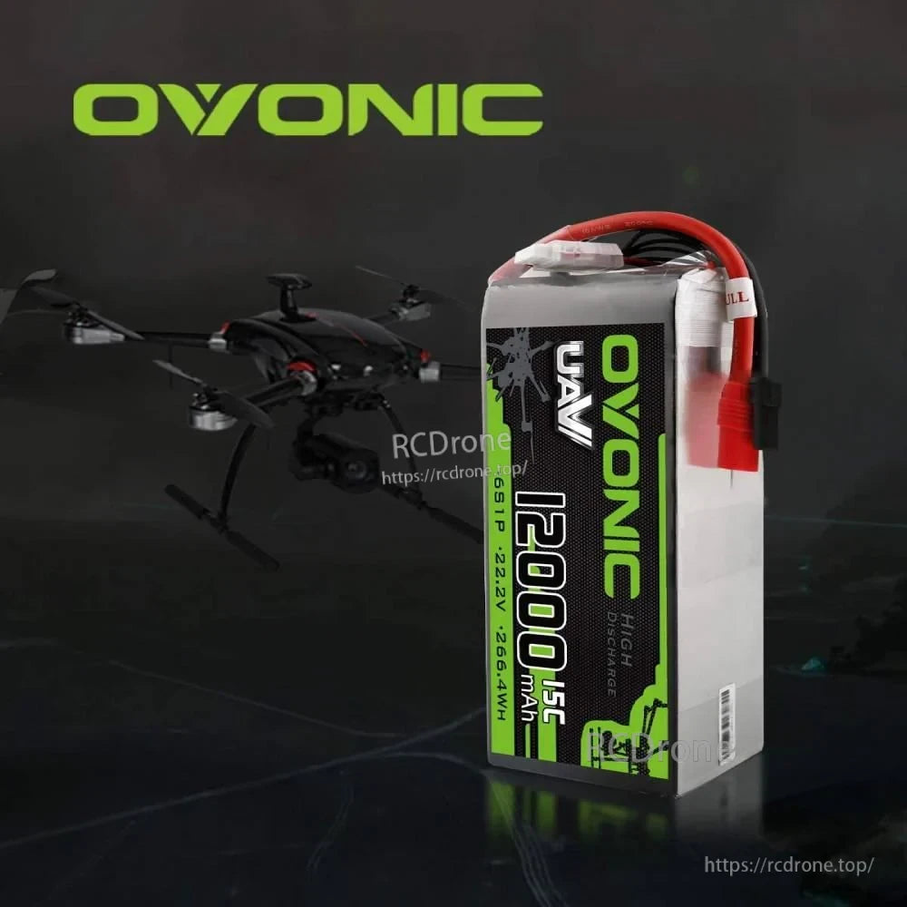 Ovonic UAV 12000mAh 6S 22.2V 15C LiPo battery standing next to multirotor drone silhouette