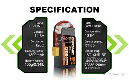 Specification graphic listing Ovonic 4S1P 14.8V 1300mAh 120C LiPo, XT60 discharge plug, JST-XHR-5P charge plug