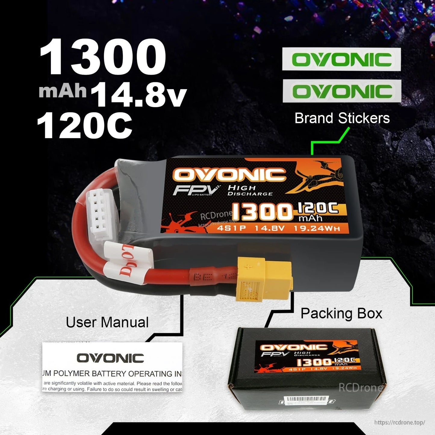 Package contents: Ovonic 1300mAh 14.8V 120C 4S LiPo battery, user manual, packing box, and brand stickers