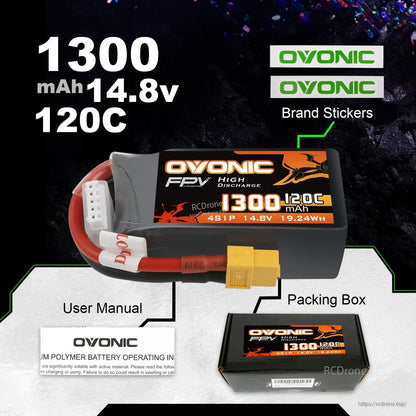 Package contents: Ovonic 1300mAh 14.8V 120C 4S LiPo battery, user manual, packing box, and brand stickers
