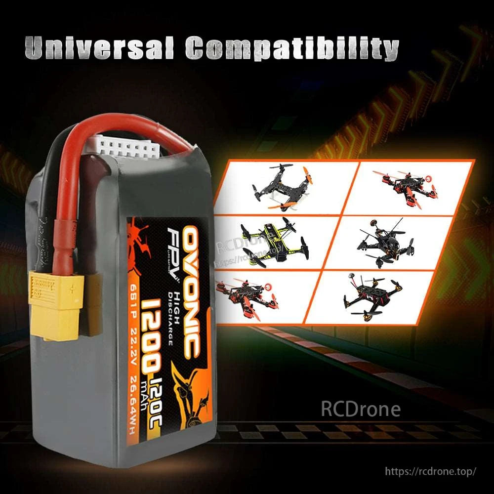 Battery compatibility graphic showing Ovonic LiPo pack beside multiple quadcopter drone illustrations