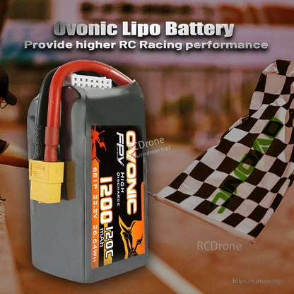 Ovonic LiPo battery promotional graphic with checkered racing flag background and product shown upright