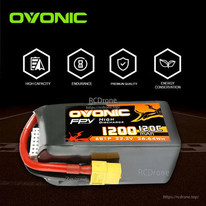 Ovonic battery graphic with feature icons (high capacity, endurance, premium quality, energy conservation)