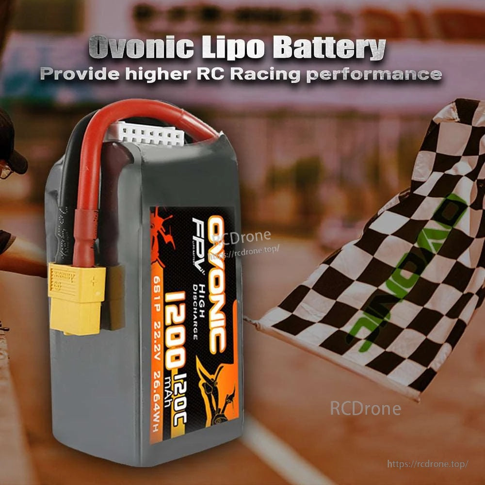 Ovonic FPV 6S LiPo battery marketing graphic emphasizing RC racing performance and fast discharge