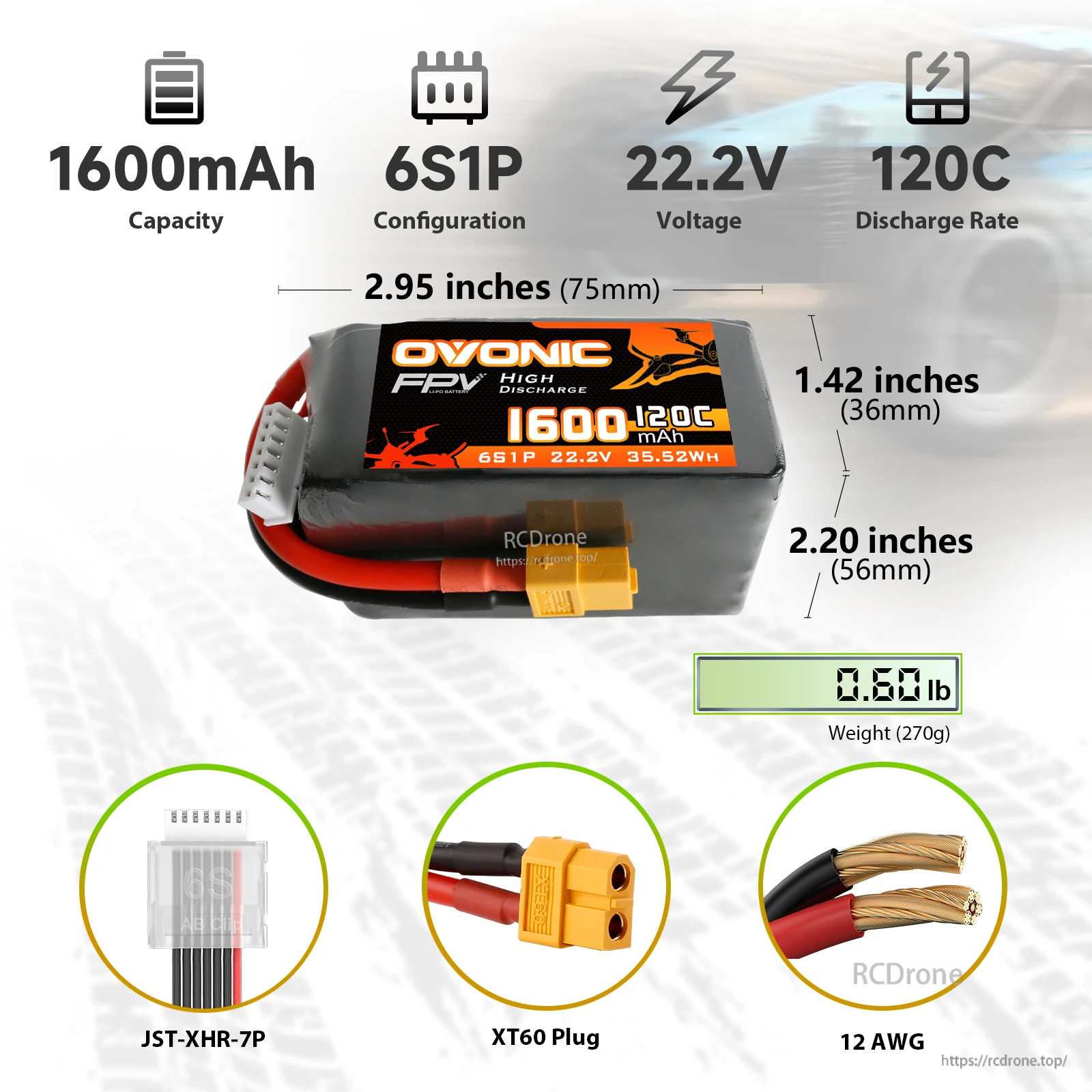 Ovonic 120C 22.2V 6S 1600mAh LiPo Battery specs with dimensions, 270g weight, XT60 and JST-XH balance plug