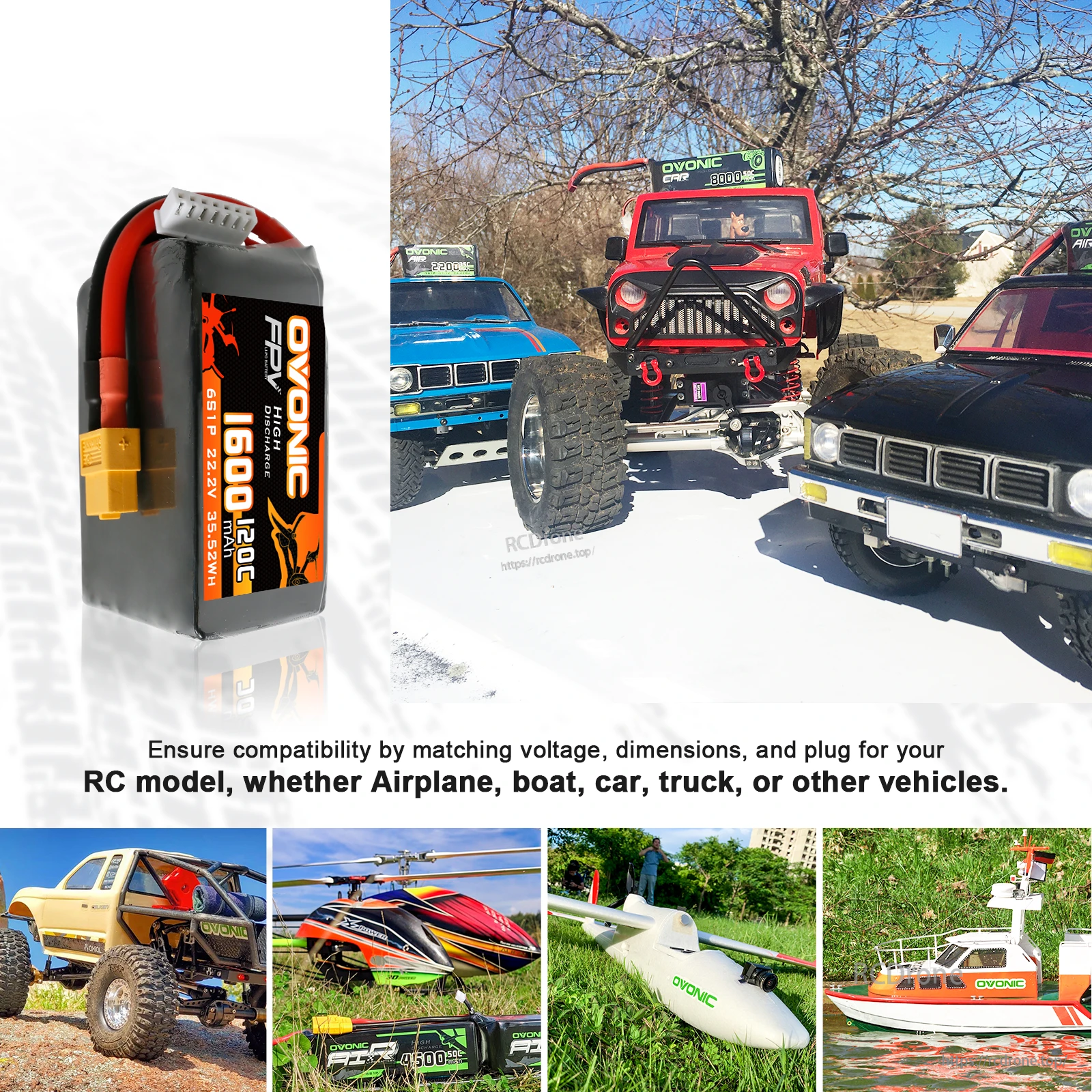 Compatibility collage with the Ovonic 6S 1600mAh pack and examples of RC vehicles like trucks, plane, and boat