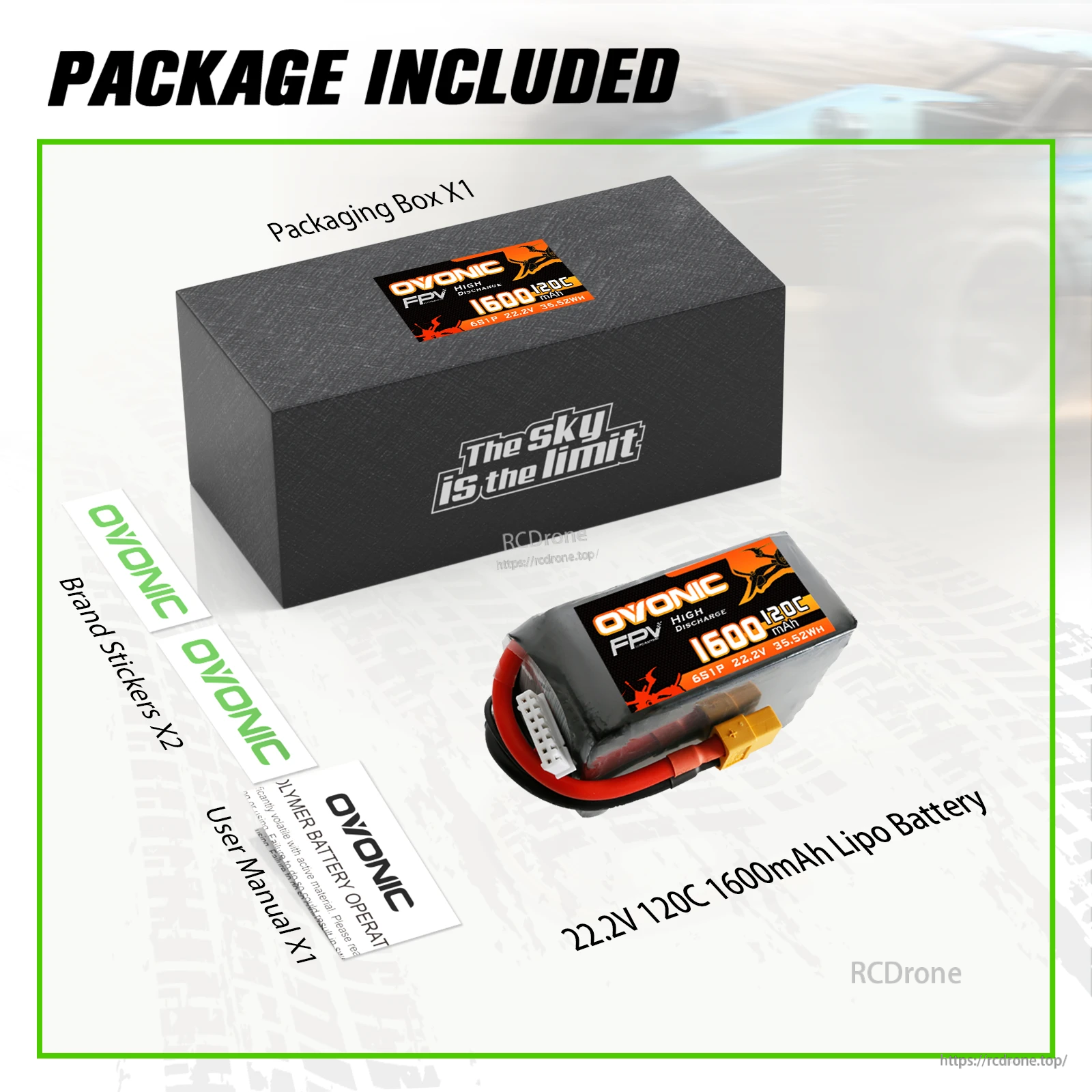 Package contents: Ovonic 22.2V 120C 1600mAh 6S LiPo battery, retail box, user manual, and brand stickers