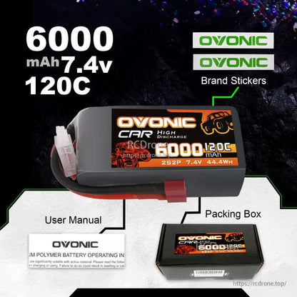 Ovonic 120C 2S2P 6000mAh 7.4V LiPo battery kit with brand stickers, user manual, and packing box
