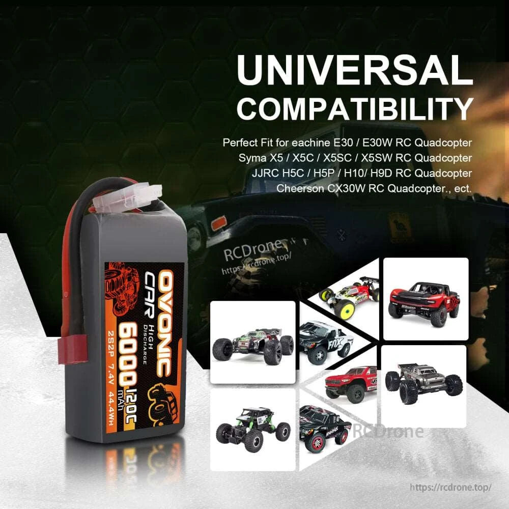 Universal compatibility graphic showing Ovonic 6000mAh 7.4V LiPo battery with RC car and quadcopter icons