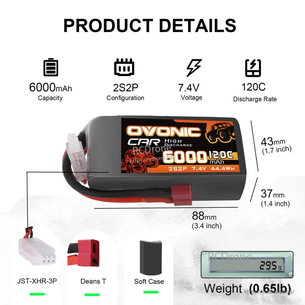 Ovonic 120C 2S2P 6000mAh 7.4V LiPo battery with Deans T plug, JST-XHR-3P balance lead, 88×43×37mm