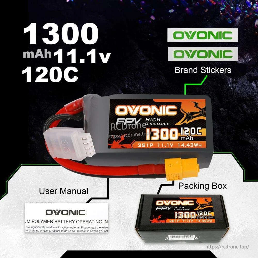 Package contents shown: Ovonic 1300mAh 11.1V 120C battery, brand stickers, user manual, packing box