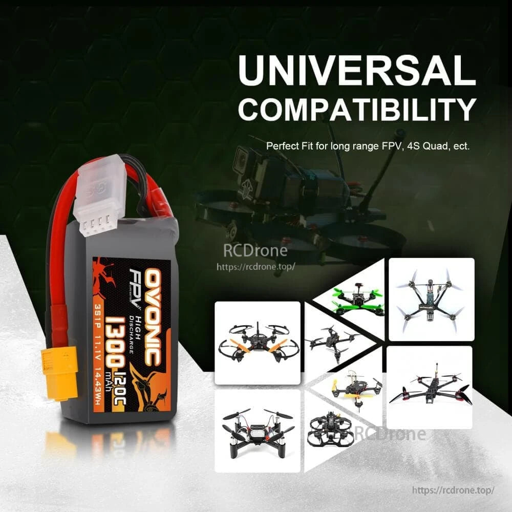 Ovonic 120C 3S 1300mAh LiPo shown with “Universal compatibility” FPV drone use-case graphic