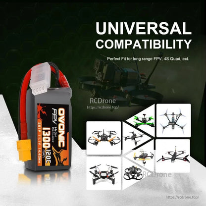 Ovonic 120C 3S 1300mAh LiPo shown with “Universal compatibility” FPV drone use-case graphic