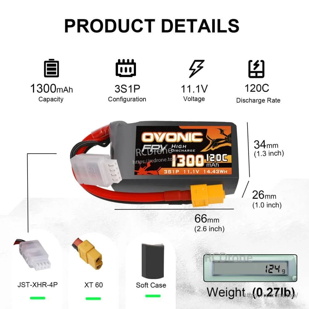 Product details chart showing 1300mAh 3S1P 11.1V 120C, dimensions 66×34×26mm, connectors and weight
