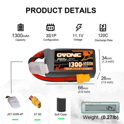 Product details chart showing 1300mAh 3S1P 11.1V 120C, dimensions 66×34×26mm, connectors and weight