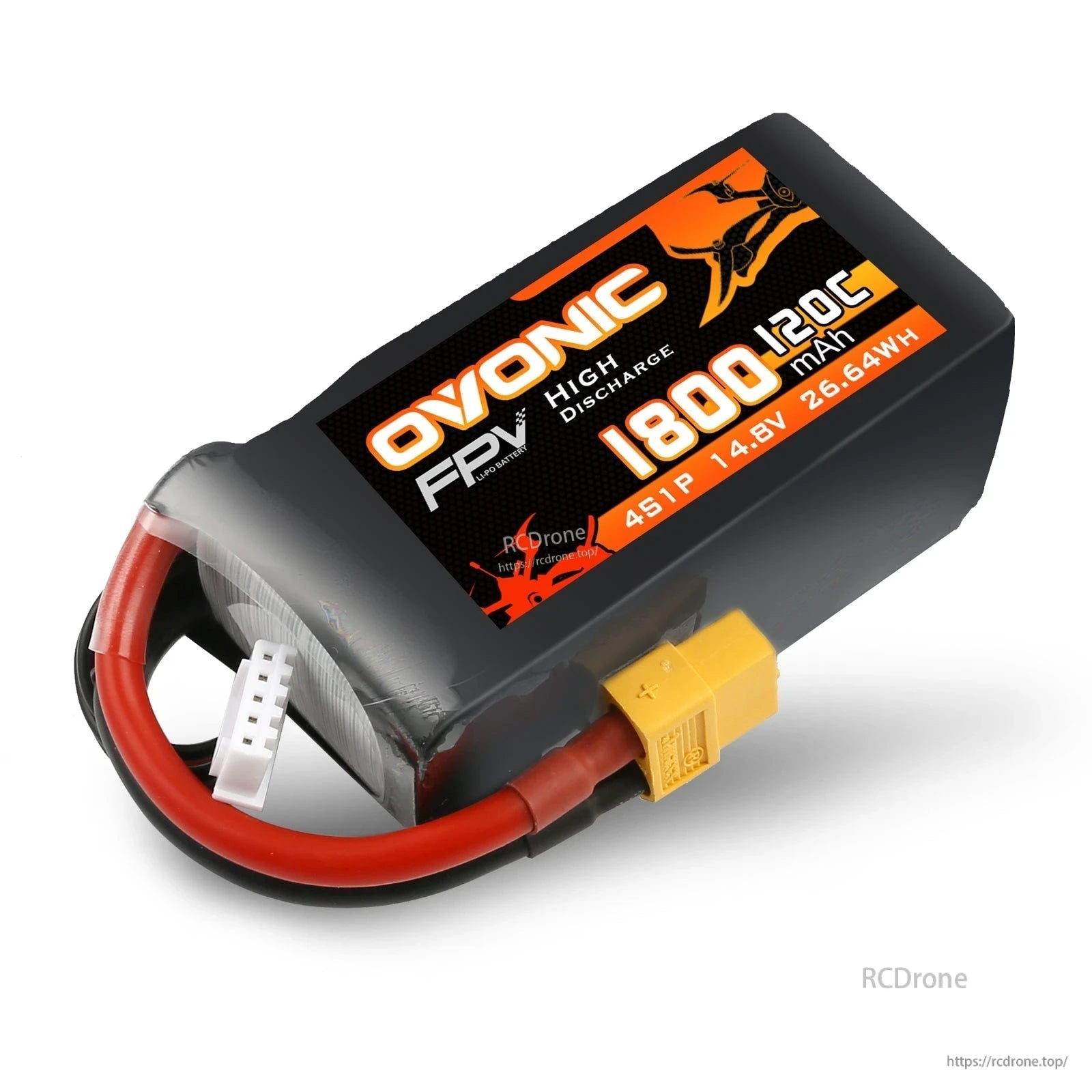 Angled view of Ovonic 4S 1800mAh LiPo battery showing label, XT60 connector, and balance lead
