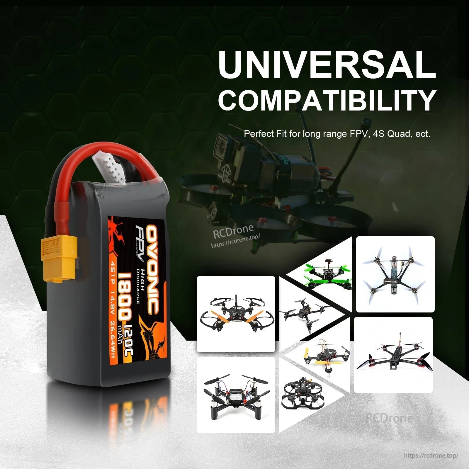 Universal compatibility graphic showing LiPo battery and FPV quadcopter drone examples