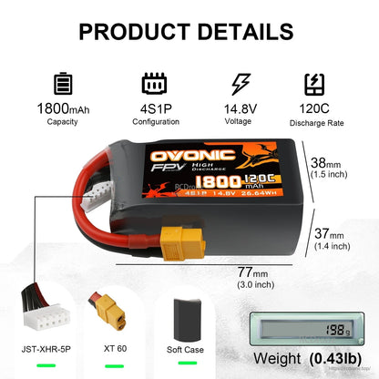 Ovonic 120C 4S 1800mAh 14.8V LiPo battery product details with dimensions, weight, XT60 and balance plug