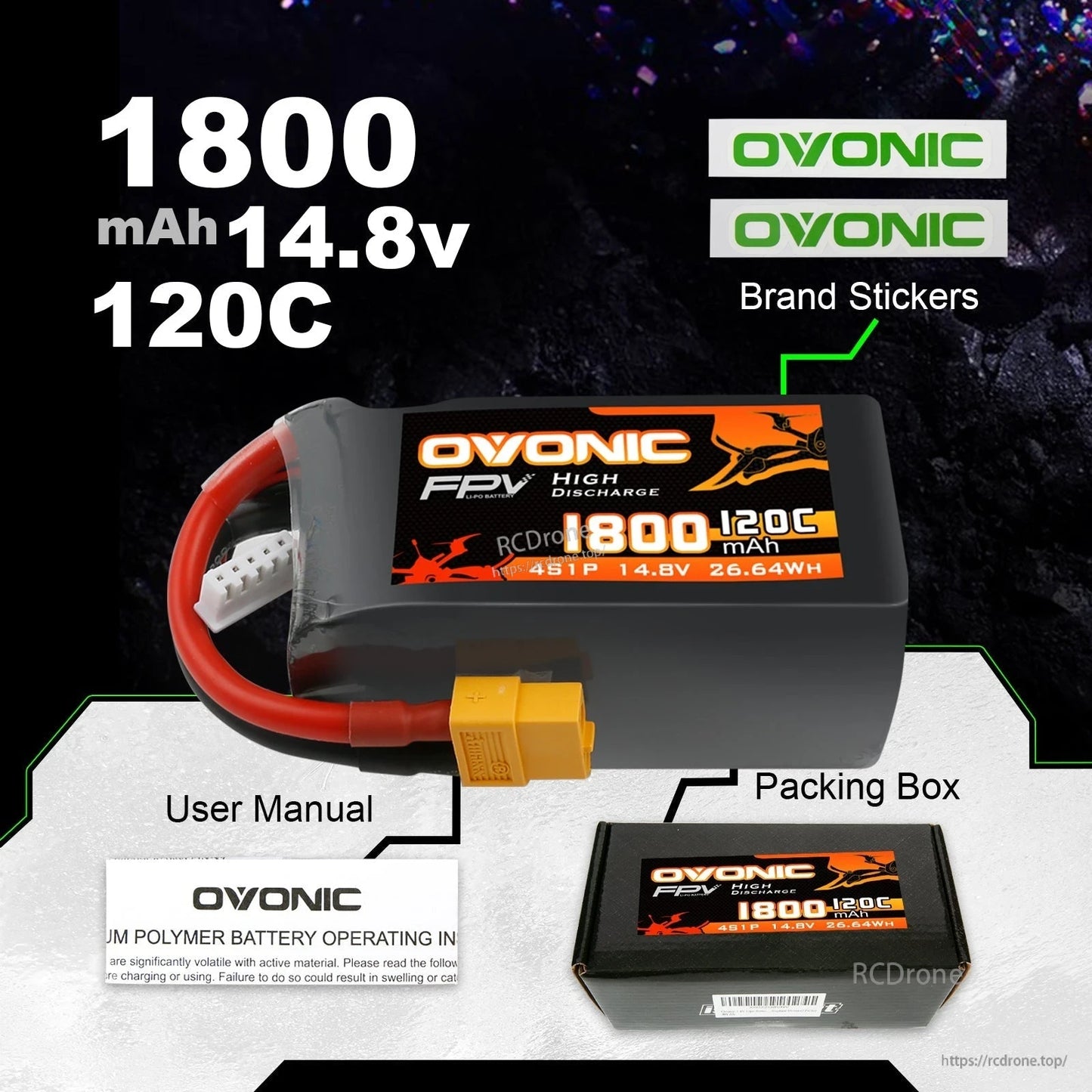 Package contents showing Ovonic LiPo battery, brand stickers, user manual, and packing box