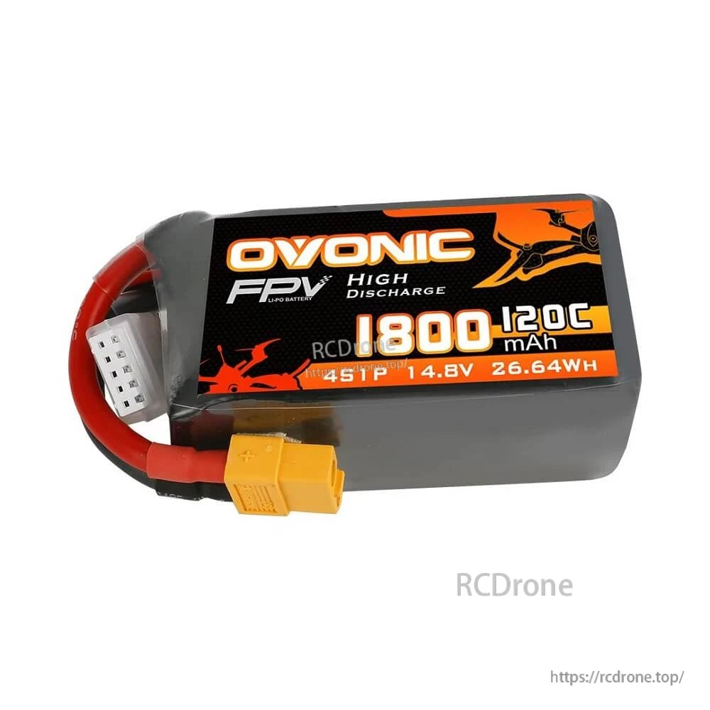 Ovonic 120C 4S 1800mAh 14.8V LiPo battery pack close-up with XT60 plug and balance connector
