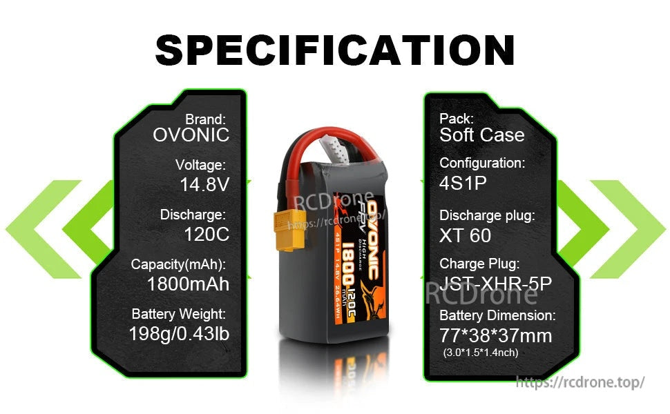 Specification graphic for Ovonic 14.8V 1800mAh 4S1P LiPo battery, 120C, soft case, XT60 and JST-XHR-5P