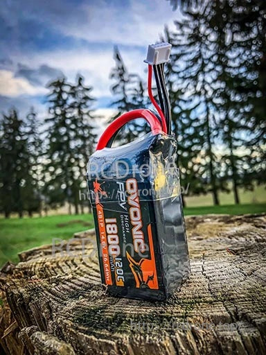 Ovonic 120C 4S 1800mAh 14.8V LiPo battery standing upright with balance lead and main power wire