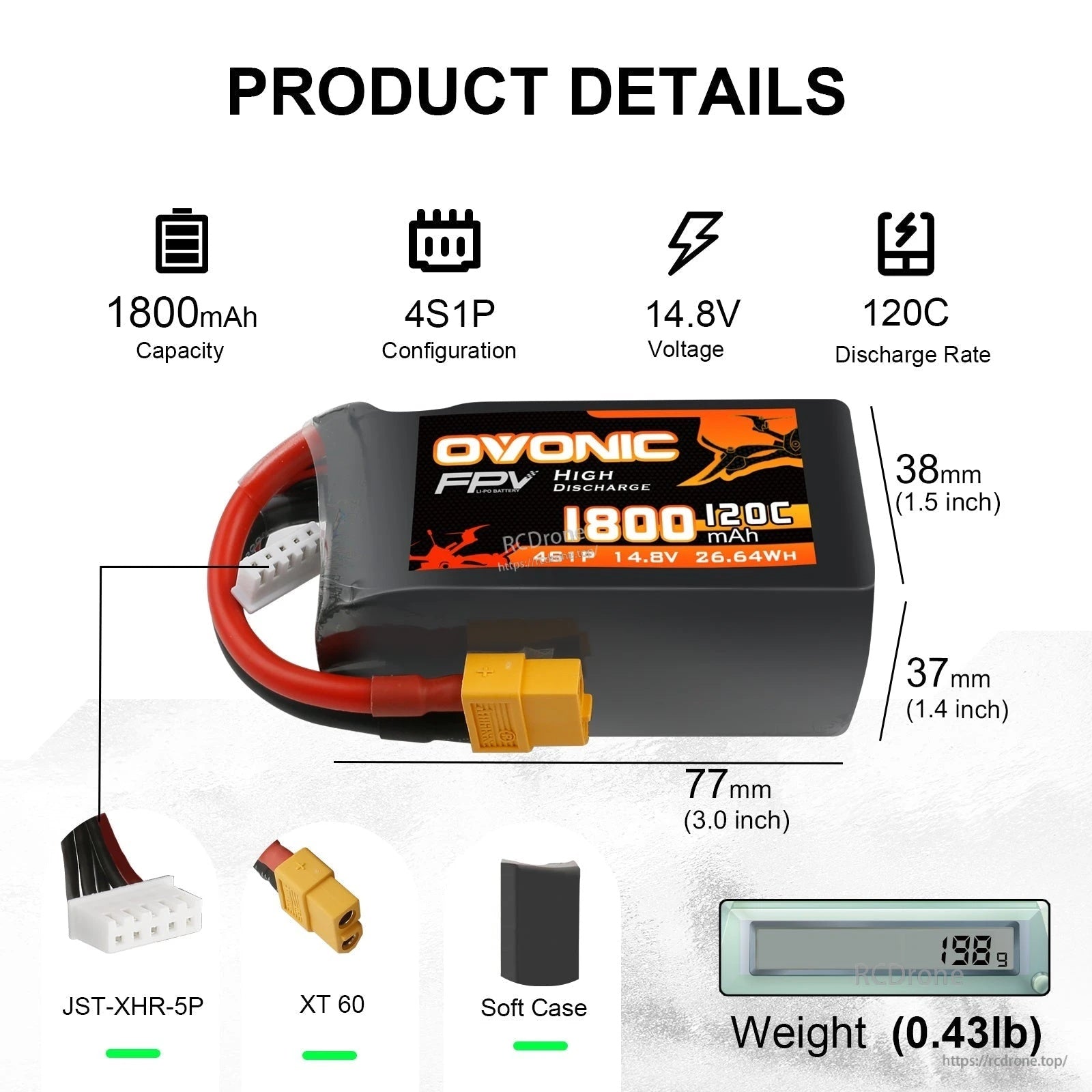 Product details image with dimensions 77 x 38 x 37 mm, weight 198 g, XT60 plug and JST-XHR-5P balance connector