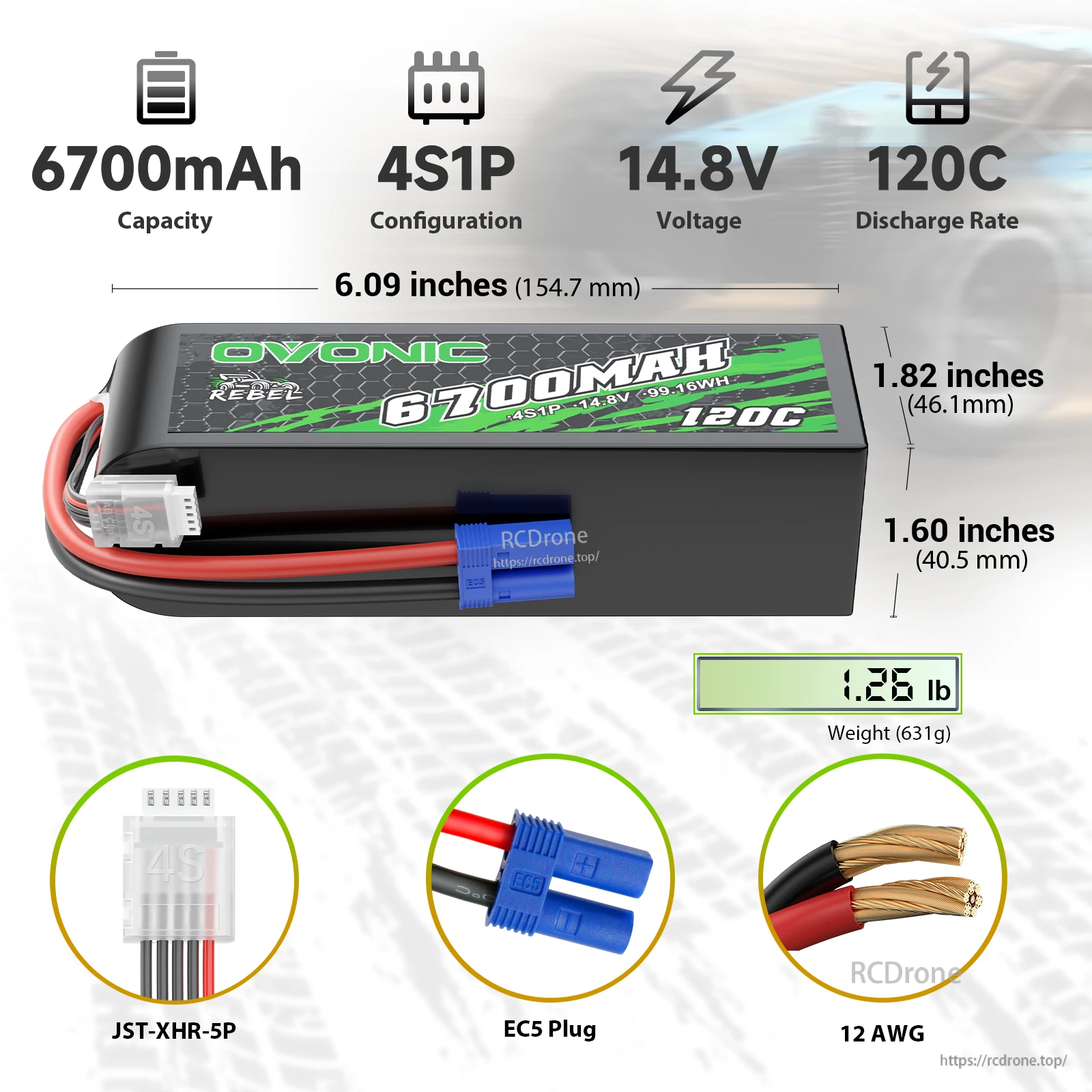 Ovonic 120C 6700mAh 4S LiPo Battery 14.8V with EC5 Plug for 1/8 Scale Remote Control Cars