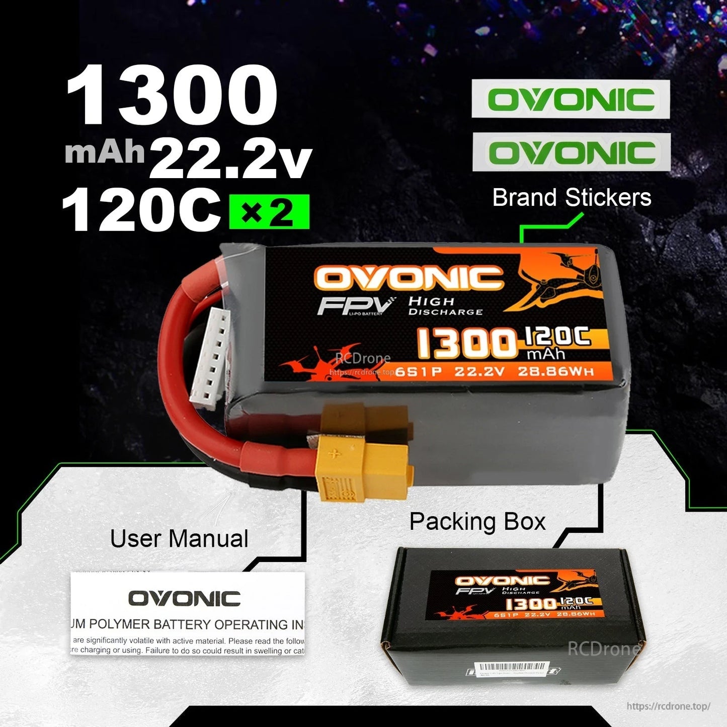 Package contents: 2 batteries, brand stickers, user manual, and packing box for Ovonic 1300mAh 22.2V 120C pack