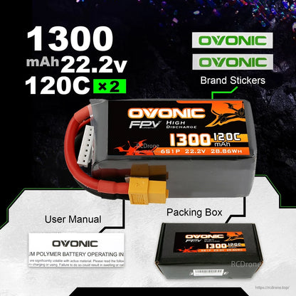 Package contents: 2 batteries, brand stickers, user manual, and packing box for Ovonic 1300mAh 22.2V 120C pack
