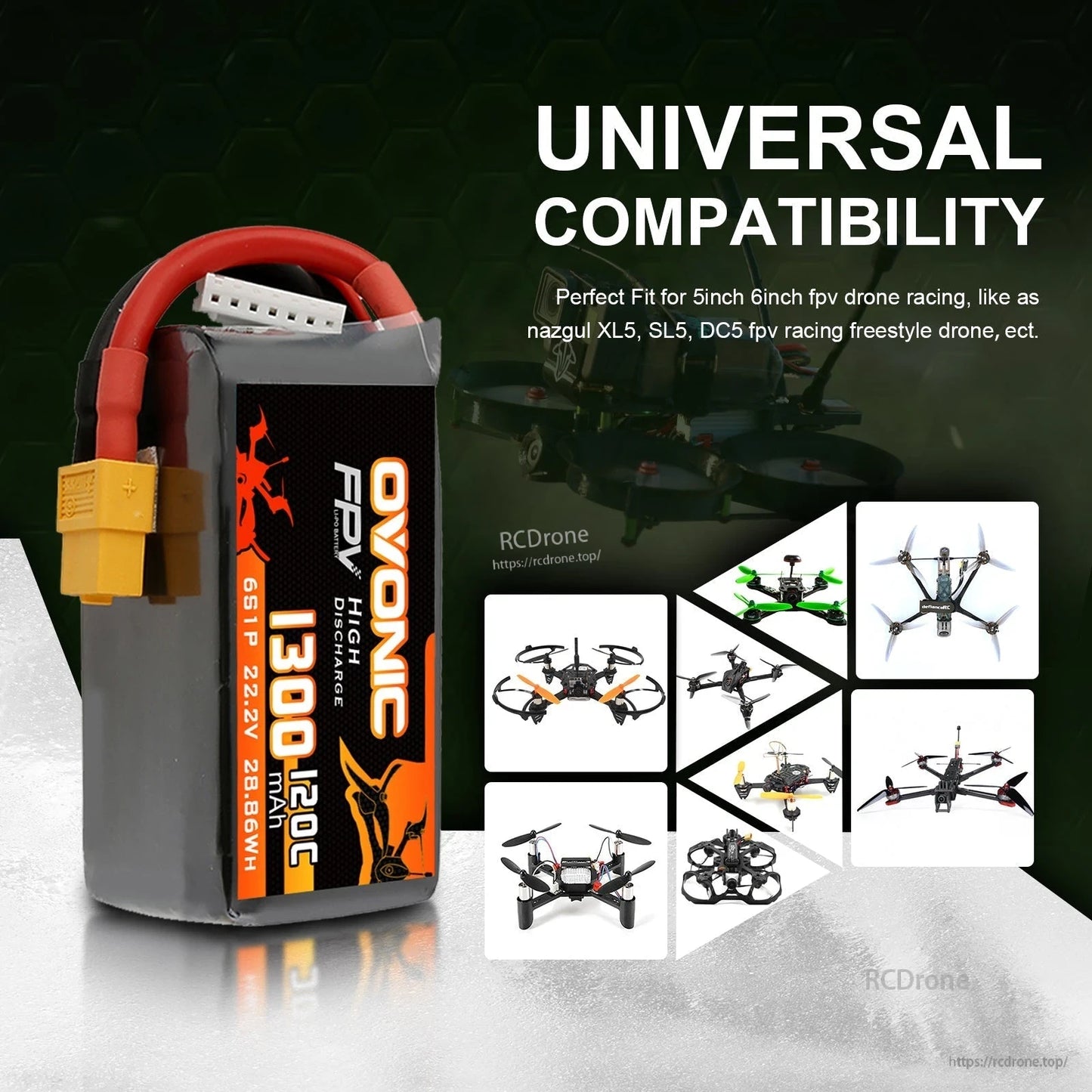 Universal compatibility graphic showing 6S1P 1300mAh Ovonic battery for 5-inch/6-inch FPV drone applications